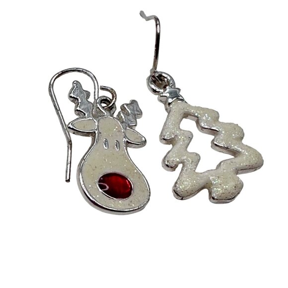 Earrings Women Christmas Holiday Reindeer & Tree Earrings Dangle Silver Tone - Picture 8 of 8